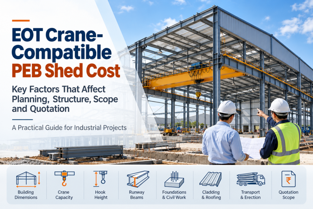 EOT crane-compatible PEB shed showing steel structure, crane runway beams and industrial construction planning