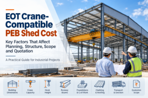 EOT crane-compatible PEB shed showing steel structure, crane runway beams and industrial construction planning