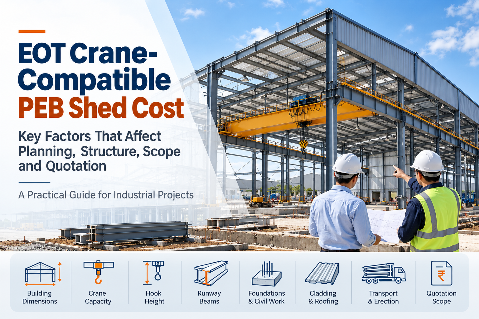 EOT crane-compatible PEB shed showing steel structure, crane runway beams and industrial construction planning