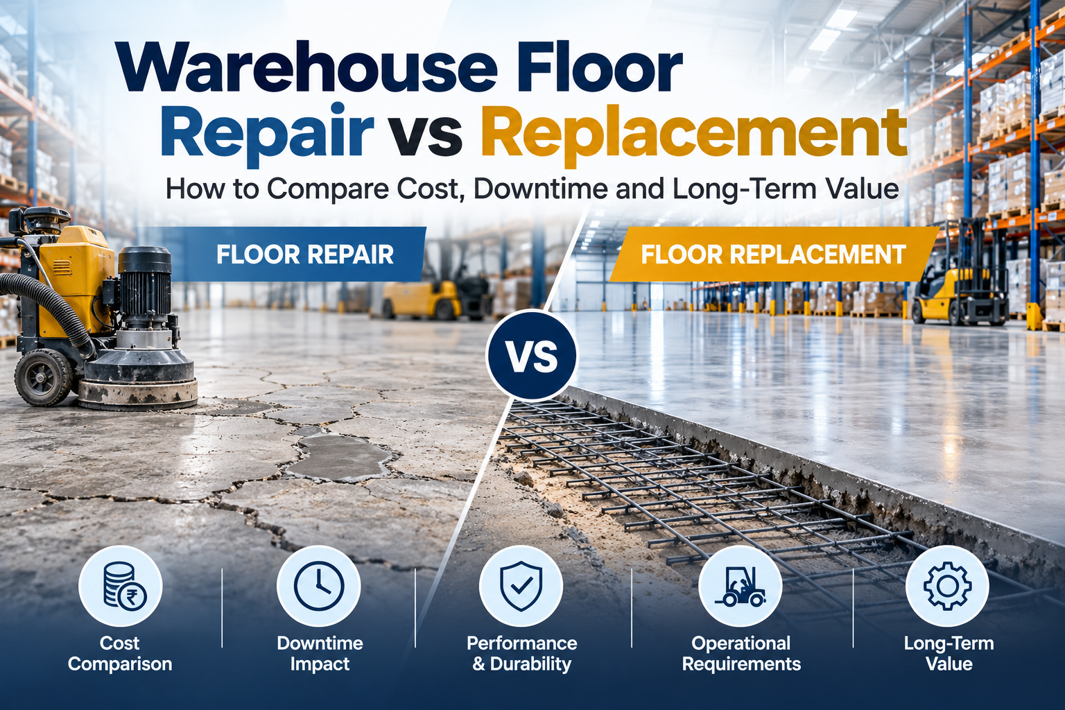 Warehouse floor repair vs replacement comparison showing damaged concrete floor, floor repair equipment and new industrial concrete slab